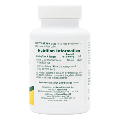 Natures Plus Vitamin D3 125mcg/5000iu 60 Softgels