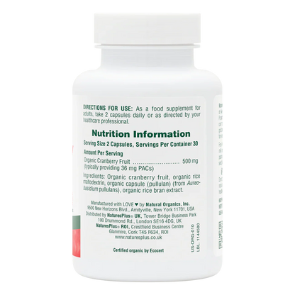 Natures Plus Cranberry 500mg Organic 60 Capsules