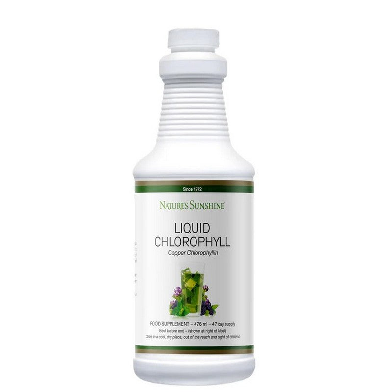 Bottle of Natures Sunshine Liquid Chlorophyll on a white background