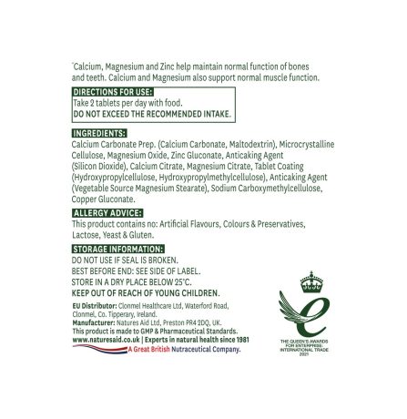 Natures Aid Calcium, Magnesium & Zinc 90 Tablets - Image 2