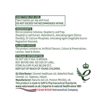 Natures Aid Raspberry Leaf 375mg 60 Tablets - Image 2
