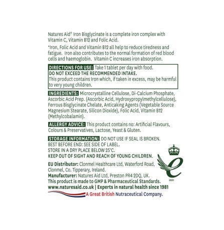 Natures Aid Iron Bisglycinate with Ester C, Vitamin B12, Folic Acid 90 Tablets - Image 2
