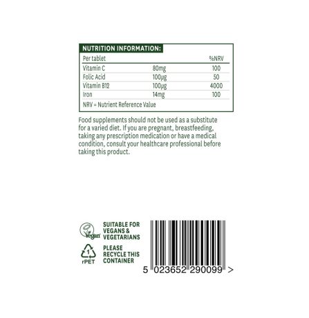 Natures Aid Iron Bisglycinate with Ester C, Vitamin B12, Folic Acid 90 Tablets - Image 3