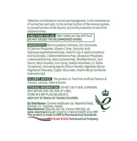 Natures Aid Selenium 200ug with Zinc and vitamins A, C & E 90 Tablets - Image 2