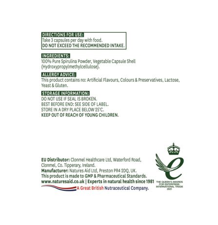 Natures Aid Organic Spirulina 500mg 90 Capsules - Image 2