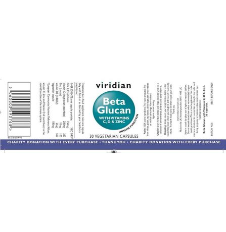 Viridian Beta Glucan 250mg (Plus vitamin C, D3 & Zinc) 60 Capsules