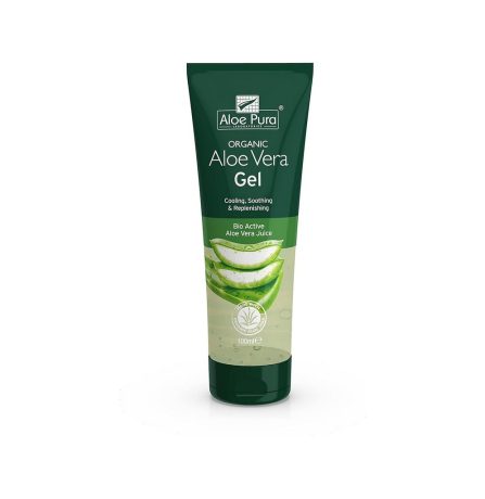 Aloe Pura Aloe Vera Skin Gel 100ml – natural soothing and cooling gel for dry, irritated or sun-exposed skin in a green tube with aloe vera leaf design