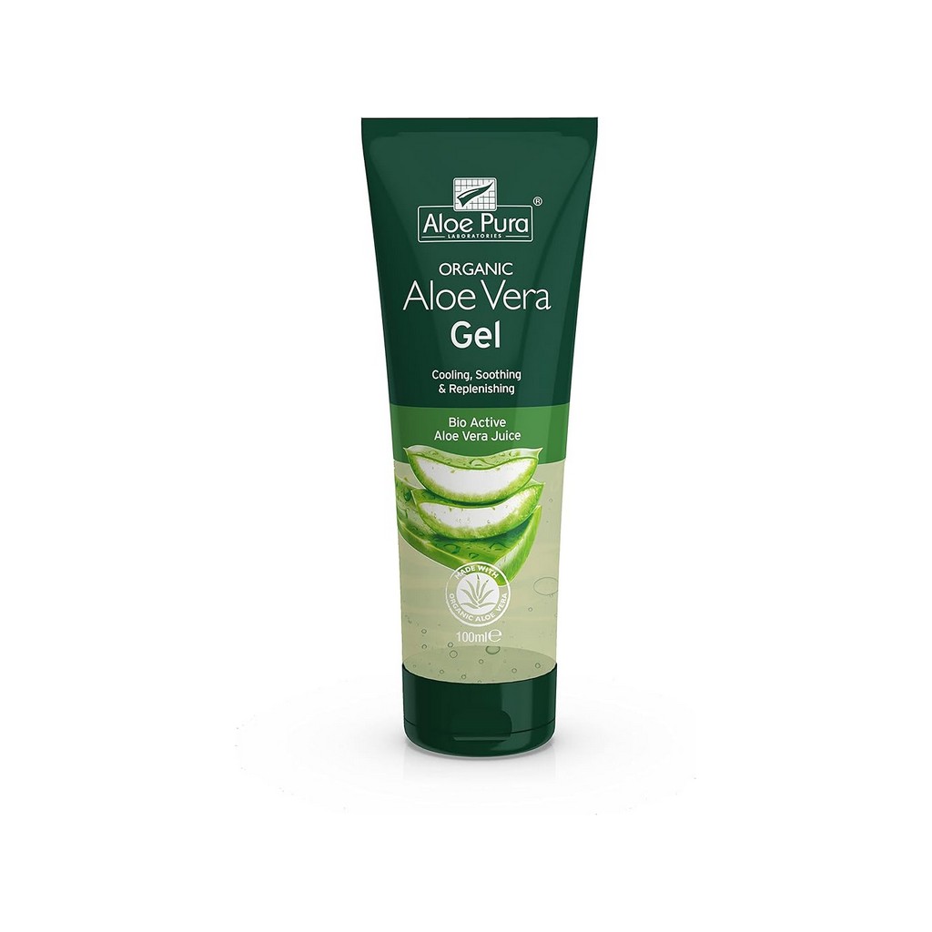 Aloe Pura Aloe Vera Skin Gel 100ml – natural soothing and cooling gel for dry, irritated or sun-exposed skin in a green tube with aloe vera leaf design